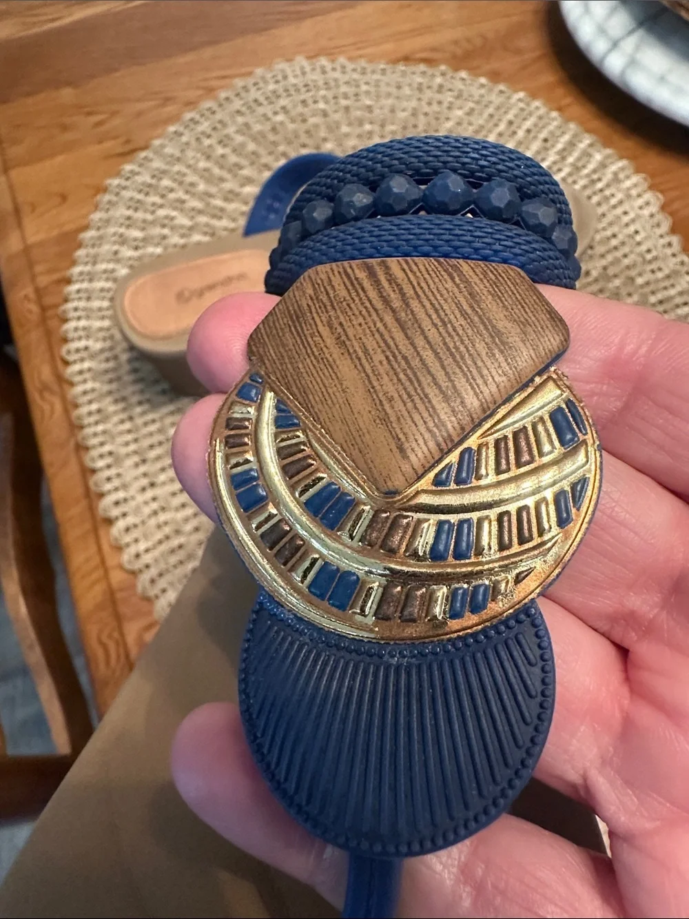 Grendha Wedge Thong Sandals in Navy and Tan with Decorative Accents